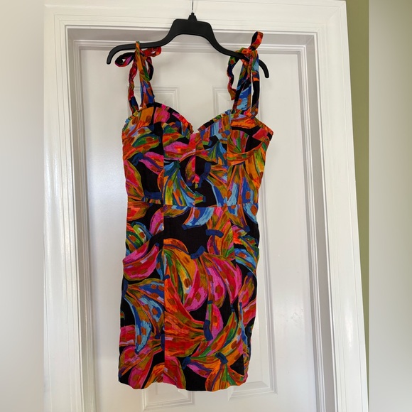 Large Farm Rio rainbow bananas linen mini dress - Picture 3 of 5